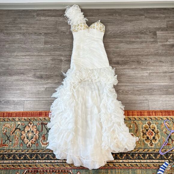 Mac Duggal Couture White High-Low Beaded Ruffle Feathers Prom Dress Gown (Sz 4) - Picture 15 of 16